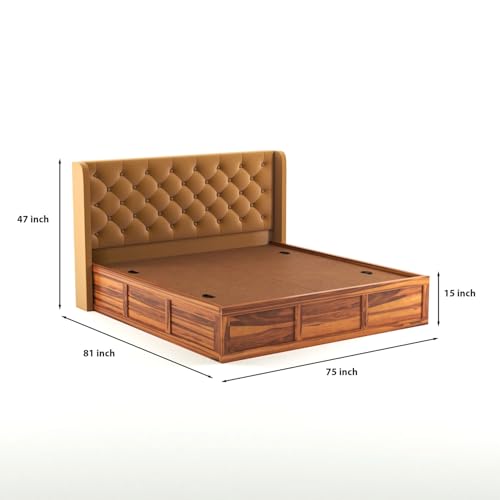 Image of Solid Sheesham Wood King Size Bed with Storage | Wooden Double Bed Cot Bed with Box Storage & Velvet Upholstered Cushioned Headboard for Bedroom (Honey B, King)