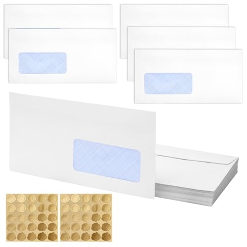 Pack of 100 White Mailing Envelope with 125 Gold Coloured Sealing Stickers, White dl envelopes, Window Self Seal Security Envelopes 115 x 225mm for Posting mailing Home Office, Ecommerce and Business