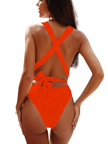 Image of Lilosy Sexy Tie Criss Cross Plunge One Piece Thong Swimsuit High Cut Brazilian Bathing Suit