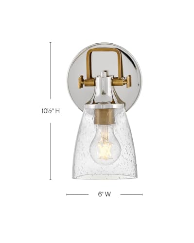 Image of Hinkley Easton 51270PN Single Light Bath Vanity Fixture, Modern Industrial, Clear Seedy Glass Shade, Mounts Up or Down, Polished Nickel and Heritage Brass