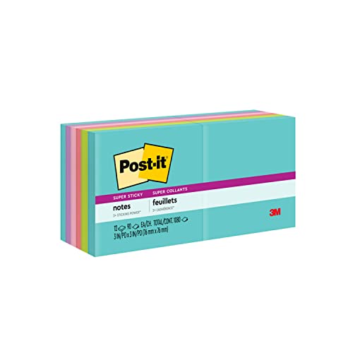 Post-it Notas súper adhesivas, 3 x 3 pulgadas, 12 almohadillas, 2 veces el poder de adherencia, neones supernova, colores brillantes, reciclables (654-12SSMIA) (paquete de 6, 72 unidades en total)