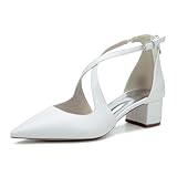WeFloHsL Mujer Punta Cerrada Zapatos De Novia con Tacón Ancho Bajo Tiras Al Tobillo Zapatos De Noche Fiesta G2309-302PU,Blanca,41 EU