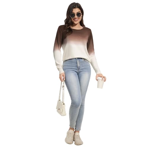 Image of Women's Gradient Color Crew Neck Knit Long Sleeve Soft Loose Casual Sweater Pullover Top Cozy Outfits