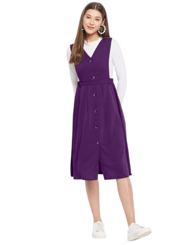 Image of WineRed Women Soild Pinafore Dress with Button