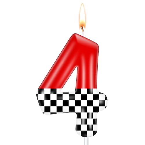MTLEE Number 4 Racing Car Themed Birthday Candle Race Car Cake Topper | Race Car Theme Party Decoration,Birthday Cake Topper,Red and Checkered