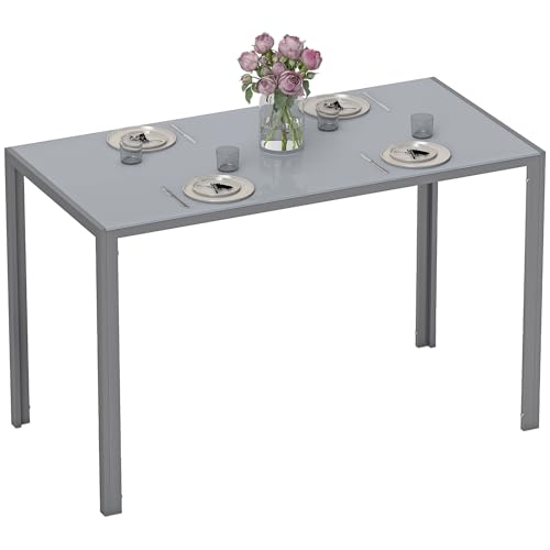 HOMCOM Mesa de Comedor de Cristal, Mesa Rectangular para 4-6 Personas con Patas de Metal, para Cocina, Salón, 120x60x75 cm, Gris