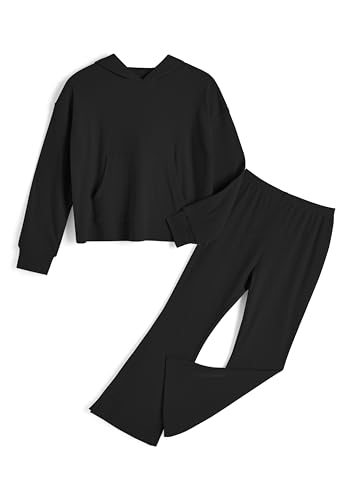 Image of Girls 2 Piece Hoodie Bell Bottom Sweatsuit Fall Outfit Set | Long Sleeve,front pocket,side-slit flare,machine washable,soft rayon-blend,skin-friendly,stretchy,durable