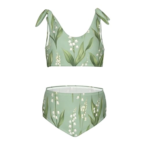 JUNZAN Cartoon Lily Flowers Green Girls Bikini Bathing Suit High Waisted 2 Piece Swimwear Toddler Girls Swimming Suit 3T