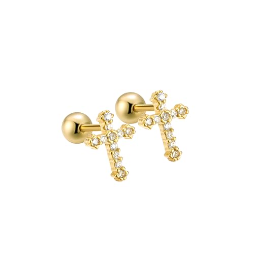 Gold Cross Earrings 14K Real Gold Filled Plated Trendy Dainty Cute Cubic Zirconia Screw Back Nickel Free Small Stud Earrings for Women Men