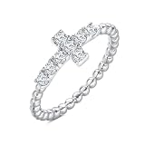VYN4U Stackable Sideways Cross Ring for Women 14K White Gold Plated Cubic Zirconia Eternity Promise Wedding Band Beaded Cross Ring Christian Religious Jewelry 7