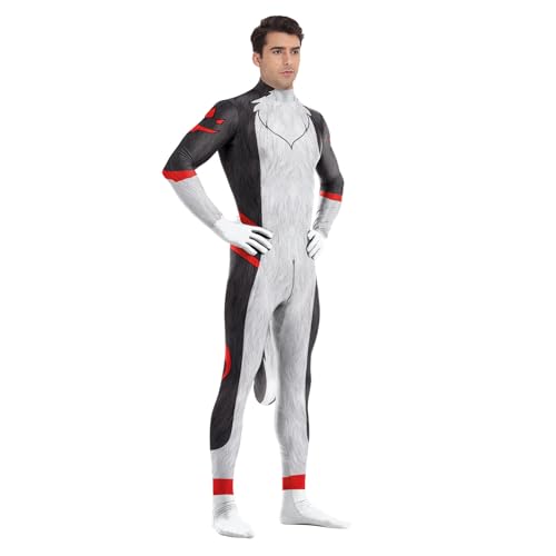 Image of Animal Full Bodysuit for Men Muscle Spandex Jumpsuit Furry Costume with Big Tail for Adult Cosplay Halloween Party