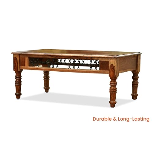 Image of Royaloak Hilton Wooden Coffee Table | Solid Sheesham Wood | Intricate Metal Jaali Work Adds Sophistication | Ample Surface Area | Timeless Center Table | Durable & Long Lasting Coffee Table