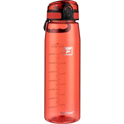 Image of Fanhaw 32 oz Clear Plastic Water Bottle, BPA Free Leakproof Tritan Sports Water Bottle with Chug Lid, Wide Mouth Reusable Bottle for Gym, Travel, School & Office (Red)