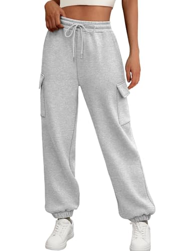 JFAN Pantalones de chándal para Mujer Invierno Pantalón Deportiva con Forro Polar Termico Pantalón Jogger con Bolsillos y Cordón Gris M