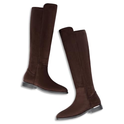 Image of Modatope Rounded Toe Flat Stretchy Dress Knee High Boots Side Zipper | Suede Elastic Fall Winter Boots, Low Chunky Block Heel Riding Boots,2026 Fashion Womens Tall Long Boots