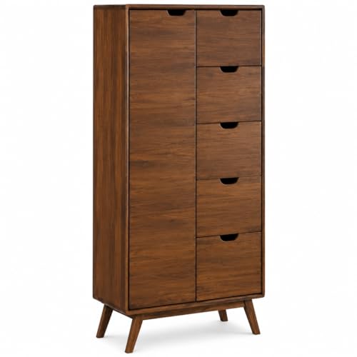 Image of Solid Sheesham Wood Tall Storage Cabinet with Drawers & Door | Wooden Multipurpose Organizer Cabinet for Bedroom Living Room Hallway | Mid Century Style Wardrobe Chest Storage Unit