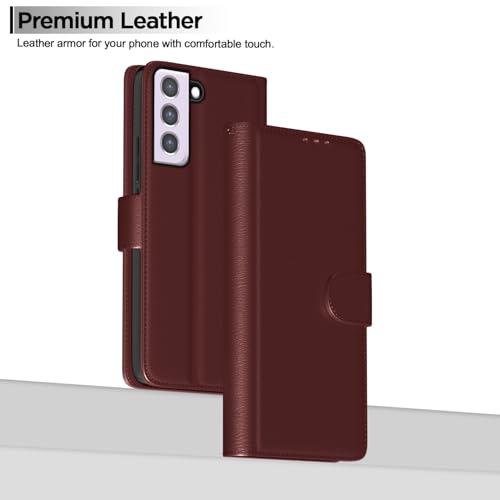 Image of Amazon Basics Flip Cover for Samsung Galaxy S21 FE 5G Leather Finish | Wallet Stand and Shock Proof | Inside TPU with Card Pockets | Complete Protection Flip Case (Brown)