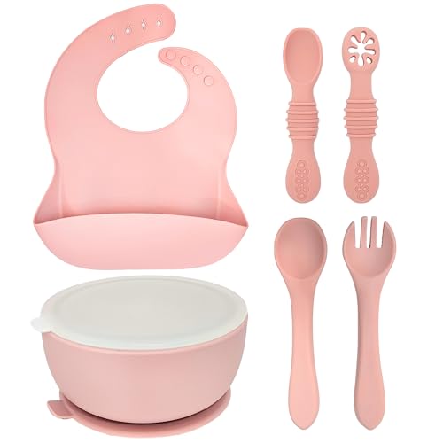 Image of HippoBaby 6 Piece Silicone Suction Baby/Toddler Bowl Set with 2 Bowls, 2 Spoons, 2 Forks, Safe Food Grade Silicone, Soft on Gums, Stylish Colors (4, Rose Quartz/Sky), Small, SB06RS