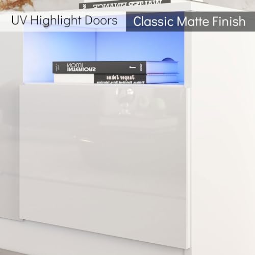 Image of AMERLIFE 80 inch Fireplace TV Stand with 40 inch Electric Fireplace | White, Matte Texture Finish, Modern Entertainment Center, Highlight Storage Cabinet, 12 Colors LED Lights, Fits 90 inch TVs
