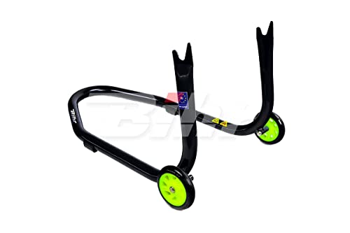 Cavalletto posteriore Bihr con supporti a forchetta per nottolini Colore nero e ruote gialle.