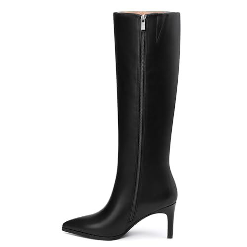 Image of ROSERWISH Women's Knee High Boots Pointed Toe Low Kitten Heel Tall Boots Comfortable Casual Fall Long Boots With Side Zipper