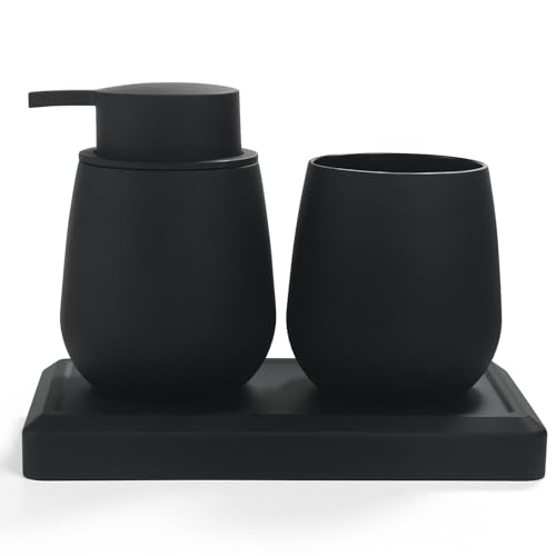 AJEUNGAIN Black Bathroom Accessories Set, Modern 3 Pcs Bathroom Essentials - Soap Dispenser, Toothbrush Holder & Tray, Countertop Vanity Organizer (Black) AJEUNGAIN Black Bathroom Accessories Set, Modern 3 Pcs Bathroom Essentials - Soap Dispenser, Toothbrush Holder & Tray, Countertop Vanity Organizer (Black)