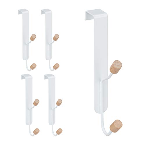 Relaxdays Ganchos Puerta Set 15, Nórdicos, Ganchos Dobles, Hierro y Madera, Percheros Puerta, 16x2x7 cm, Blanco y Natural