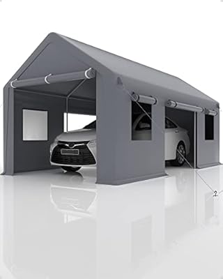 DEXSO Carport 10'x20' Portable Garage, Reinforced Steel Poles and 180g PE Heavy Duty & Waterproof Canopy, 4 Roll-up Doors, 4 Ventilated Windows, for Pickup, Boat, and Equipment, Silver Gray