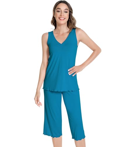 Image of NACHILA Women's Pajamas-Viscose made from Bamboo, V Neck Pjs Top with Capri Pants Pajama Set Sleeveless Sleepwear
