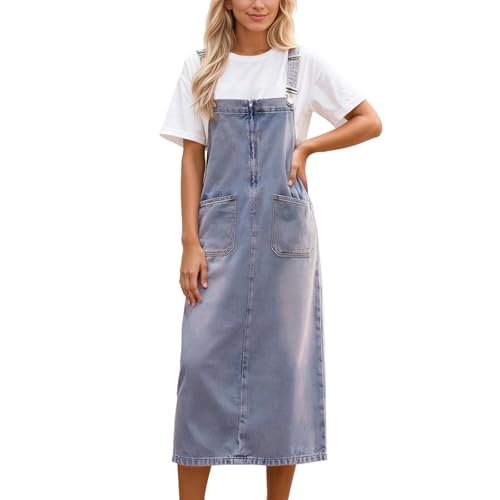 Gefomuofe Latzrock Damen Loose Casual Jeans Latzkleid Denim Lang Trägerrock Elegant Knielang A-Linie Jeansrock Maxikleid Overall mit Taschen...