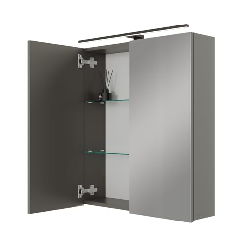 Planetmöbel ARIA Spiegelschrank Bad mit Beleuchtung 60 cm breit | Badschrank hängend mit Spiegel | Anthrazit, mit Leuchte und Steckdose, Spiegelschrank Gäste WC 60 x 70 x 16 cm