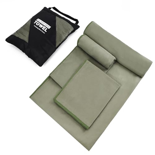 Quick-Dry-Camping-Towel-Microfiber-Travel-Towel-3-Size-at-1-Pack-for-Camping-Beach-Gym-Sports-Yoga-Swimming-Pool-Army-Green Quick Dry Camping Towel, Microfiber Travel Towel 3 Size at 1 Pack for Camping, Beach, Gym, Sports, Yoga & Swimming Pool, Army Green - Image 1
