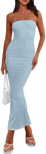 PRETTYGARDEN Women's Ribbed Maxi Bodycon Dress Summer Strapless Tube Y2K Party Club Long Dresses
