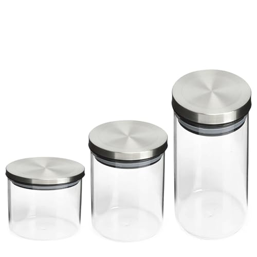 Conjunto de Potes de Vidro com Tampa Inox – 4 Potes Herméticos para Organização de Mantimentos, Grãos e Cereais.