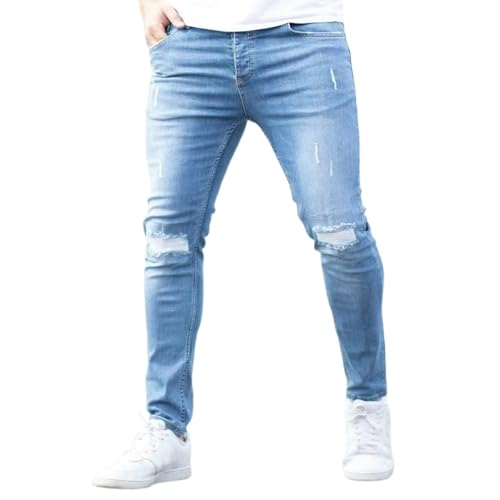 Jeans Pants Trouser Denim Ripped Elastic Washed Blue Street Trendy Small Leg Tight for Men