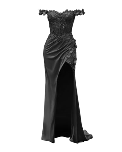 Lace Appliques Satin Prom Dresses for Women 2025 Off Shoulder Mermaid Formal Evening Dress with Slit P1012