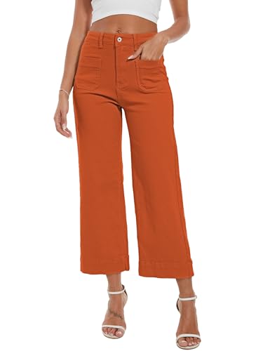 DAOAO Orange Pants Women Wide Leg Jeans Woman Cropped Teacher Pants High Waisted Stretchy Trendy L