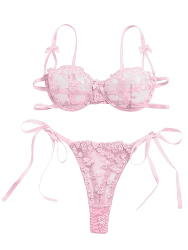 Image of Lilosy Sexy Tie Side Cute Underwire Push Up Strappy Embroidered Mesh Sheer Lingerie Set