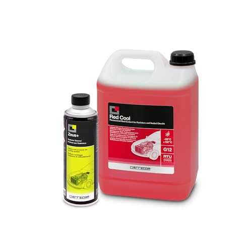 ERRECOM Kit Sostituzione Liquido Radiatore Rosso, contiene Zeus+ Detergente Disincrostante per Radiatore (350 mL) e Red Cool Liquido Radiatore Rosso Fluo -30°C/+107°C Pronto all’Uso antigelo G12 (5 L)