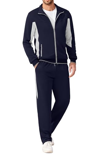 La Mejor Recopilación de Chándal Top 10. 41 COOFANDY - Chándal deportivo para hombre, 2 piezas, para correr, casual, cálido, con cierre completa, Azul Marino+Gris Claro, M