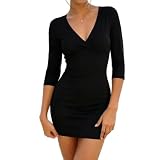 Fuimsul Women Sexy Wrap V Neck 3/4 Sleeve Bodycon Mini Dress Solid Half Sleeve Ruched Bust Backless Fitting Short Dress Black