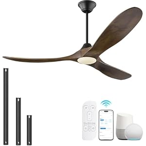 52 Inch Outdoor Smart Wood Ceiling Fan with Lights for Patios Damp Rated | High CFM 3 Blades Propeller Walnut Farmhouse Ceiling Fan, Large Air Flow DC Quiet Ceiling Fan with Remote/ APP/ Ale