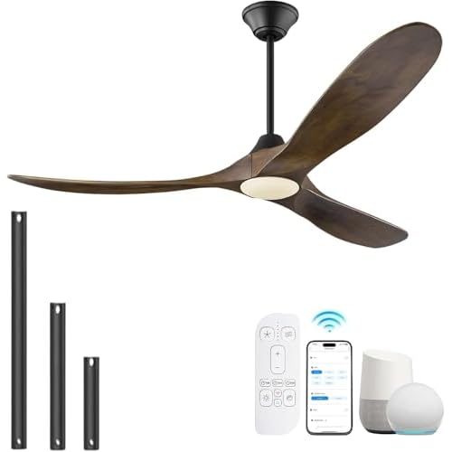 52 Inch Smart Ceiling Fan with Lights, Outdoor Ceiling Fans for Patios Damp Rated, 3 Blades Propeller Walnut Wood Farmhouse Ceiling Fan, Large Airflow DC Ceiling Fan with Remote/ APP/ Alexa