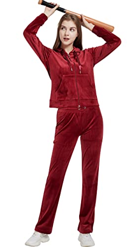 Woolicity Womens Sweatsuit Set Velour Tracksuit 2 Piece Outfits Set Zip Up Hoodies And Pants Sportswear Jogging Set Xl Red Wine #TOP1