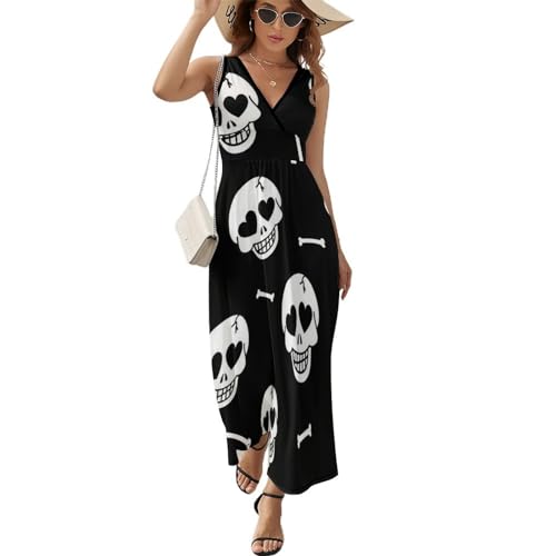 Robe maxi col V décontracté et fluide avec motif imprimé crâne pour femme