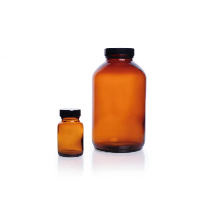 Kimble® Amber Glass Wide-Mouth Packer Bottles, Bulk Packs, Shrink Modules with Caps in Bags, 30mL, Pulp/Vinyl, case/432