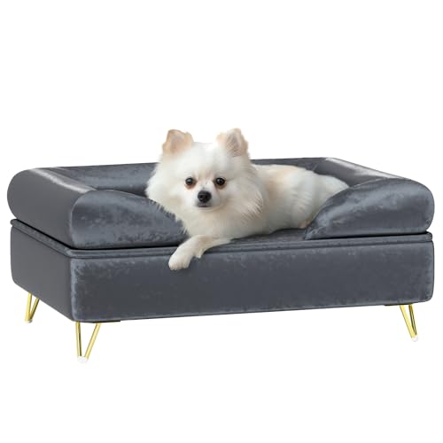 PawHut Hundesofa Hundecouch mit Kissen, Waschbarer Bezug, Haustiersofa mit Abnehmbare Rückenlehne und Metallbeine, Katzensofa für kleine und mittelgroße Hunde, Grau