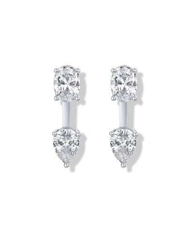 PAVOI Rhodium Plated Cubic Zirconia Earrings Jacket for Women - 925 Sterling Silver Posts Dainty Pear CZ Front and Back Double Studs - Statement Ear Jacket Earrings for Women