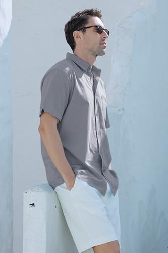 Glacspyg Leinenhemd Herren Kurzarm Leinenhemd Arbeit Freizeithemd Fit Business Casual Urlaub Sommer Strand Hemd Grau 3XL 3