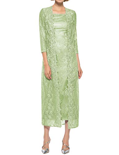Tea Length Mother of Bride Dress with Jacket Lace Evening Dress Formal Gowns Sage Green US10